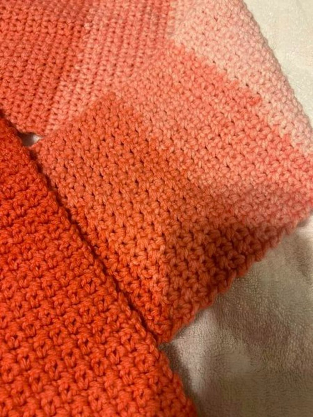 🐻New Hand-Crocheted Salmon to Peach Ombre Hat (22"-27") and Scarf (7"X69") - Picture 4 of 5